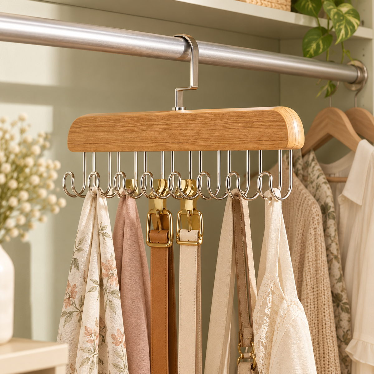 Multi-Hook Wooden Wardrobe Organizer